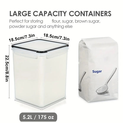 4-Piece Large Airtight Food Storage Containers (5.2L) - BPA-Free Plastic Canisters with Airtight Lids for Pantry Use, Rice, Flour, Sugar, Baking Supplies, Includes Measuring Cups & Labels