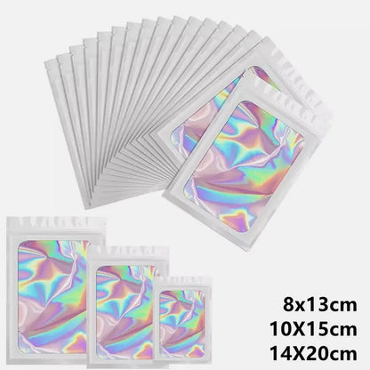 SJPACK 100-Pack Multipack Storage Bags, 8x13cm/10x15cm/14x20cm Smell-Proof Water-Proof Holographic Resealable Zip Foil Pouches, Reusable White/Black/Pink Aluminium Organiser Accessory (Reseal with Ease)