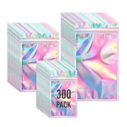 Black Mylar Holographic Aluminium Foil Bags, 300-Pack 3-Sizes Compact Zippered Leakproof Moisture Guard Odor-Proof Storage Bags for Food Storage & Sample Organizing