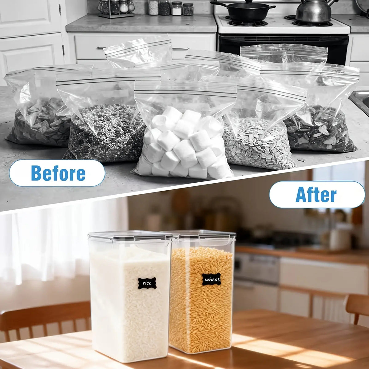 9.5L Extra Large Airtight Flour Sugar Rice Storage Containers Set of 2 - Plastic Kitchen Pantry Organization Canisters with Airtight Lids, Marker & Labels, Kitchen Accessories, Plastic Canisters