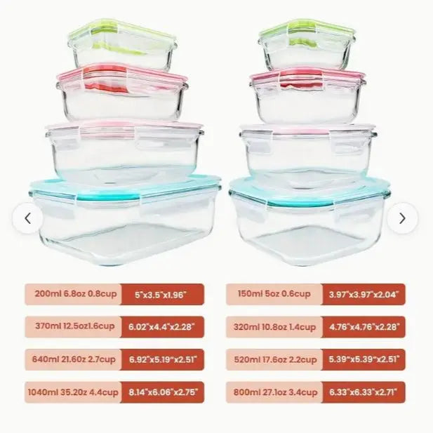 8-Pack Premium Multi-Size Glass Kitchen Storage Containers Set - Airtight BPA-Free Silicone Lids, Stain-Resistant, Easy-Clean, Stackable, Freshness-Maintaining - Microwave, Oven, Freezer, Dishwasher Safe for Meal Prep, Fridge Organization, Food Hacks,soho