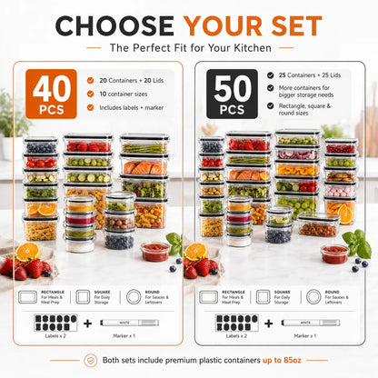 AISOON Airtight Food Storage Kit (50 Pcs/25 Pack), Kitchen Gadgets Meal Prep Containers, Reusable Leak-Proof Stackable BPA-Free Transparent Plastic Snack Boxes with Silicone Lids, Stackable Fridge Organizer