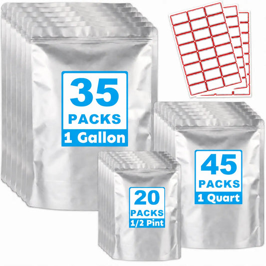 100-Pack Multipurpose Reusable Mylar Sealing Storage Bags - 10Mil 1Gal (35pcs), 8Mil 1Qt (45pcs), 6Mil 0.5Pt (20pcs) - Double-Seal Resealable Zipper Bags, Airtight Leakproof, Durable & Safe, Easy Handling & Storage for Kitchen Preservation, Camping
