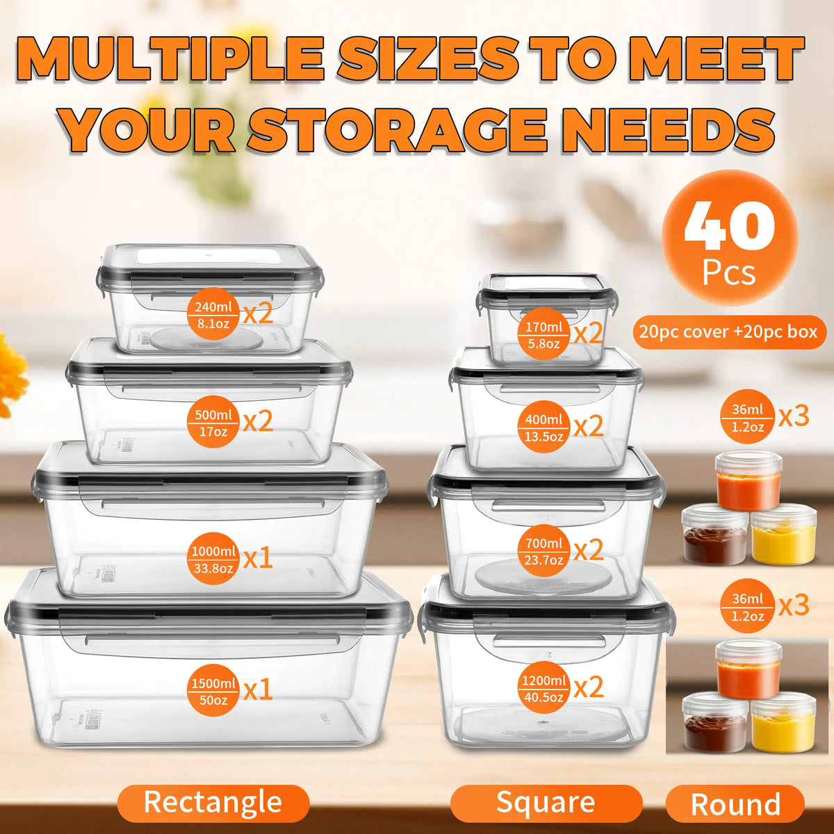 GHQ Free Delivery Airtight Food Storage Containers Set (20+20 Lid Set, 40 Pcs Total) - Leakproof, Reusable, BPA-Free Meal Prep Containers for Kitchen & Pantry Storage Organization, W/ Labels & Pen,sohochic