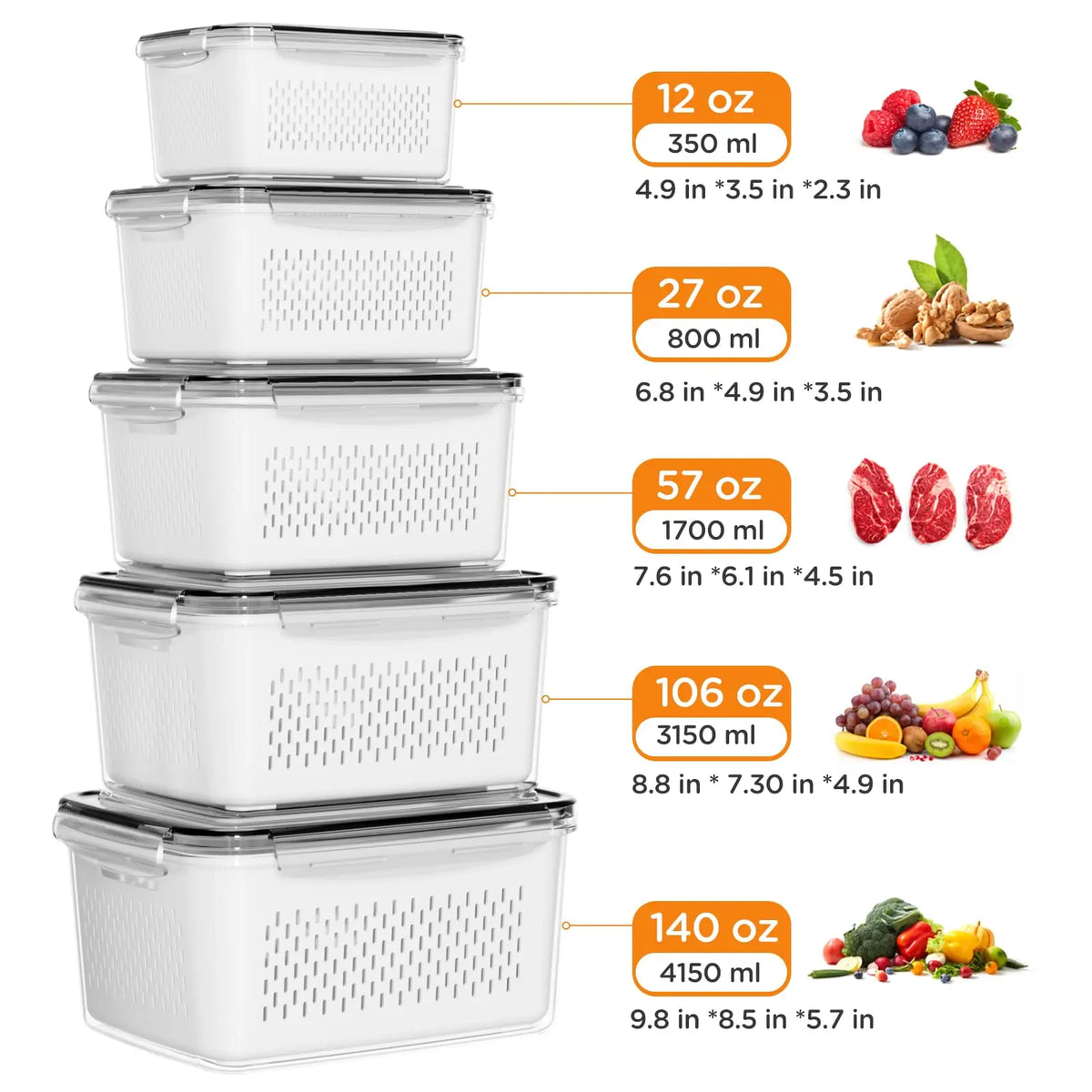 8/10/12 Pcs Large Fruit Containers for Fridge, Stackable Food Storage Containers with Removable Colander, BPA-Free, Airtight Storage Container to Keep Fruits, Vegetables, Berry, Meat Fresh longer