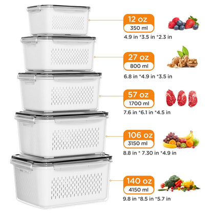 8/10/12 Pcs Large Fruit Containers for Fridge, Stackable Food Storage Containers with Removable Colander, BPA-Free, Airtight Storage Container to Keep Fruits, Vegetables, Berry, Meat Fresh longer