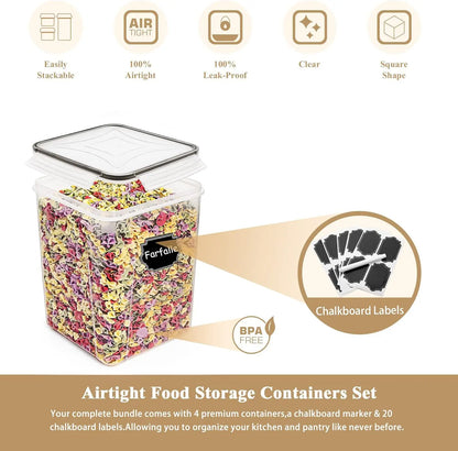 4 PCS Large Can-Shaped Food Storage Container Set, 5.2L/175oz Airtight Plastic Kitchen Canisters for Flour, Rice, Home Kitchen Baking Supplies, with Lids, 4 Measuring Cups & Labels, Black,sohochic