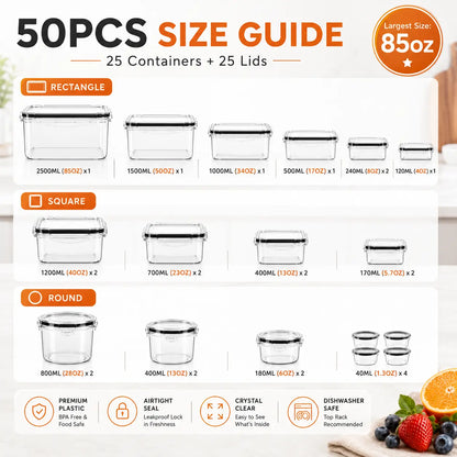 AISOON Airtight Food Storage Kit (50 Pcs/25 Pack), Kitchen Gadgets Meal Prep Containers, Reusable Leak-Proof Stackable BPA-Free Transparent Plastic Snack Boxes with Silicone Lids, Stackable Fridge Organizer