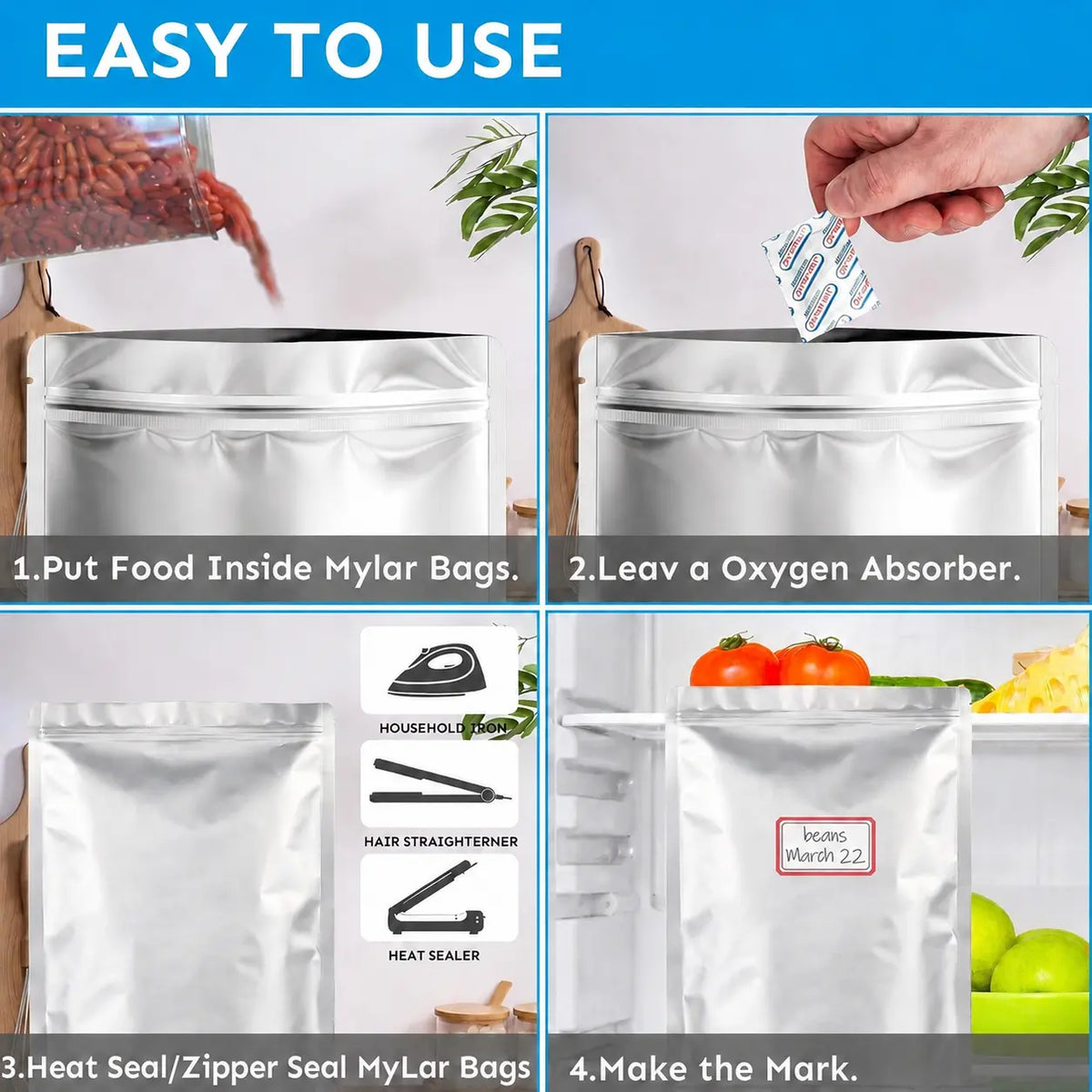 100-Pack Multipurpose Reusable Mylar Sealing Storage Bags - 10Mil 1Gal (35pcs), 8Mil 1Qt (45pcs), 6Mil 0.5Pt (20pcs) - Double-Seal Resealable Zipper Bags, Airtight Leakproof, Durable & Safe, Easy Handling & Storage for Kitchen Preservation, Camping