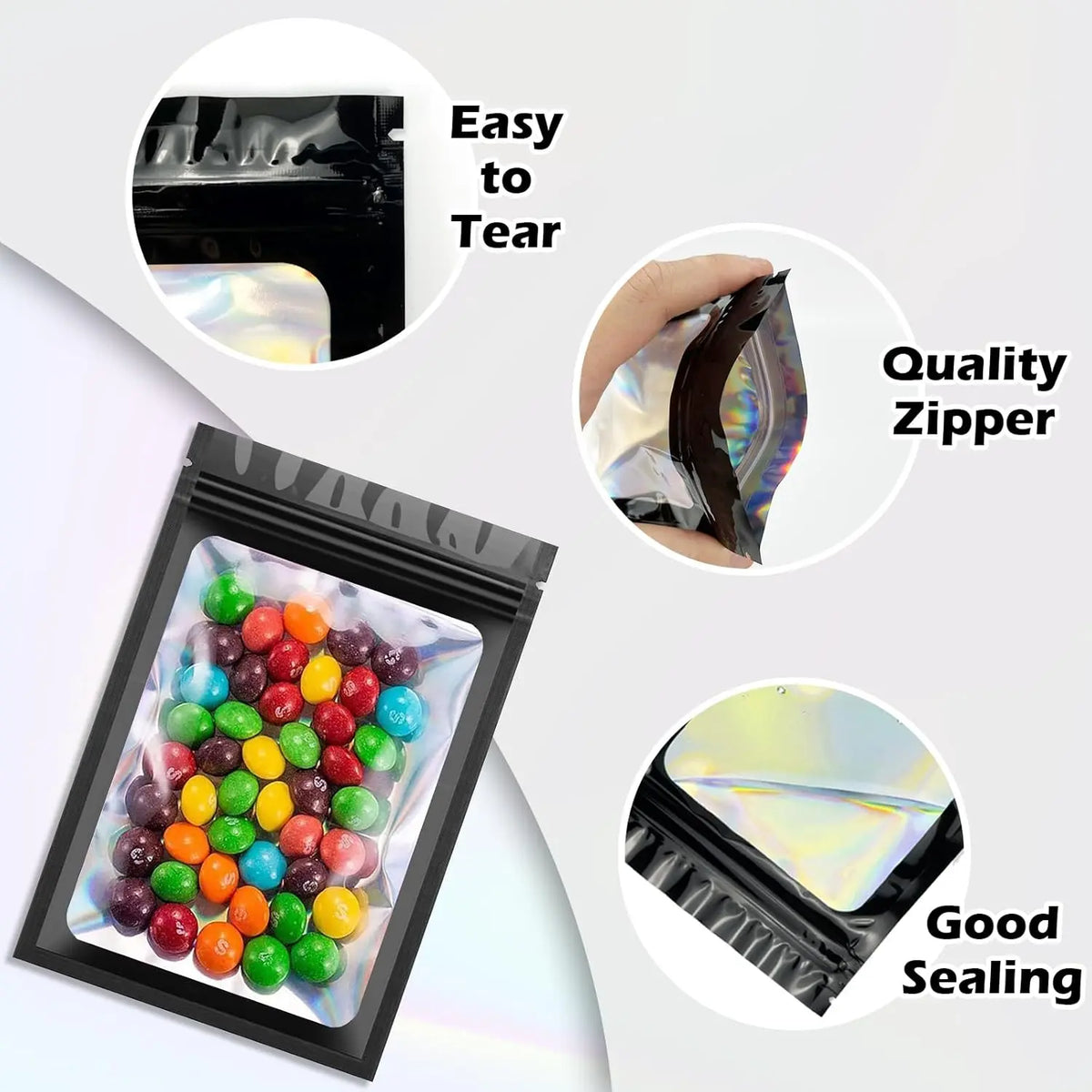 300PCS Black Holographic Mylar Zipper Bags - 3 Sizes Resealable Smell-Proof Pouches with See-Through Window, Manual Sealing & Heat Sealing for Home Supplies, Dried Fruit, Cookies, Nuts Storage