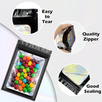 300PCS Black Holographic Mylar Zipper Bags - 3 Sizes Resealable Smell-Proof Pouches with See-Through Window, Manual Sealing & Heat Sealing for Home Supplies, Dried Fruit, Cookies, Nuts Storage