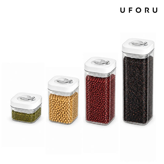 UFORU Wall-Fit Square Plastic Kitchen Container Set - Sealable Dry Food Canisters with Rotating Seal Lids, Wide-Open Pour Pantry Organizers for Pantry Organization, Fits Tight Spaces, Keeps Contents Fresh