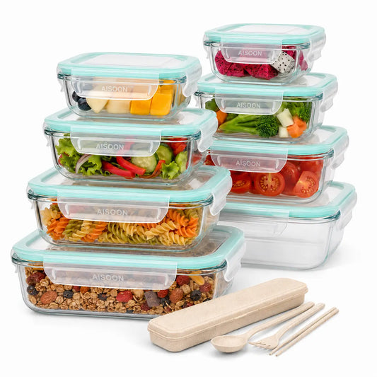 [AISOON Free Gift] 8-Pack Borosilicate Glass Food Storage Containers (8 + 1 Utensil) - Stackable, Airtight BPA-Free Kitchenware, Square Snack Box, Healthy Eating Cereal Containers, Oven-Microwave-Freezer-Dishwasher Safe