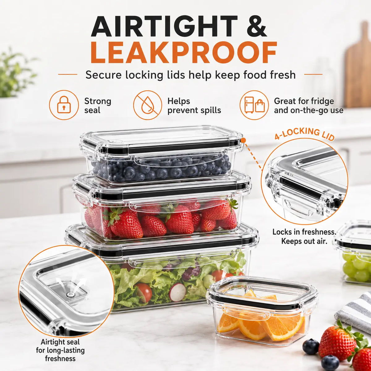 AISOON Airtight Food Storage Kit (50 Pcs/25 Pack), Kitchen Gadgets Meal Prep Containers, Reusable Leak-Proof Stackable BPA-Free Transparent Plastic Snack Boxes with Silicone Lids, Stackable Fridge Organizer
